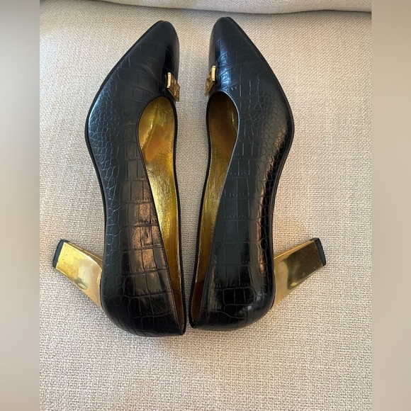 ESCADA 6.5 B reptile embossed leather with gold metallic heels - Picture 5 of 10